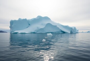 Massive iceberg afloat in calm bay waters, sunlight reflecting off its surface, iceberg, climatic