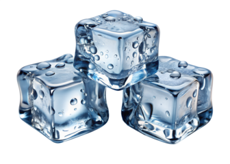 Three ice cubes stacked on top of each other isolated on transparent background