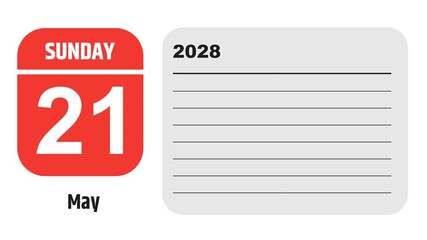 May 21, 2028: Animated 2026 planner showcasing May calendar, highlighting May 21st with space for tasks, notes, and to-do lists.