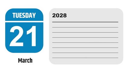 March 21, 2028: Animated 2027 planner showcasing March calendar, highlighting March 21st with space for tasks, notes, and to-do lists.