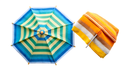 Overhead shot of a beach umbrella and towel isolated on transparent background for summer