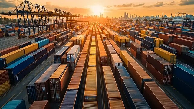 Global Trade Network: A Bustling Container Port at Sunset with City Skyline