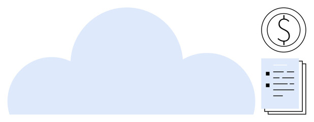 Large cloud shape with a stack of documents and currency icon. Ideal for data storage, technology, finance, cost optimization, online services, digital security, simple flat metaphor