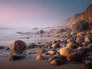 Coastal Beach Sunrise Mist Stone Boulders Ocean Shoreline Cliffs Golden Light Moody Seascape Natural Coastal Formation Waters Edge Landscape