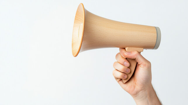 Hand holds wooden megaphone, symbolizing communication and advocacy. This conveys sense of urgency and engagement