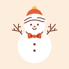 Vector illustration of smiling snowman with red hat, orange bow tie, stick arms, and buttons. Cute winter holiday character for Christmas, greeting cards, festive decor, and children seasonal design.