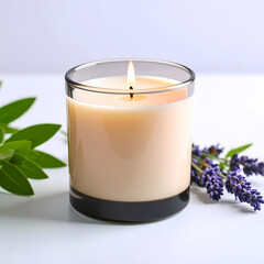 Lit candle in glass with lavender and greenery on a transparent background