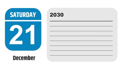 December 21, 2030: Animated 2028 planner showcasing December calendar, highlighting December 21st with space for tasks, notes, and to-do lists.
