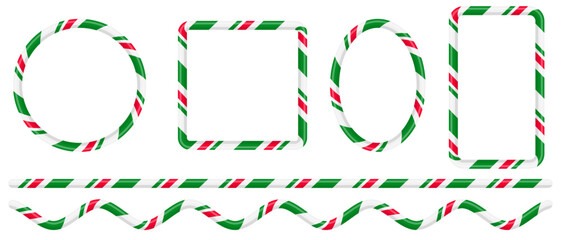 Plakat Set of candy cane borders in the shape of square, circle and oval. Vector Christmas candy frames. Striped candy lollipop pattern brush.