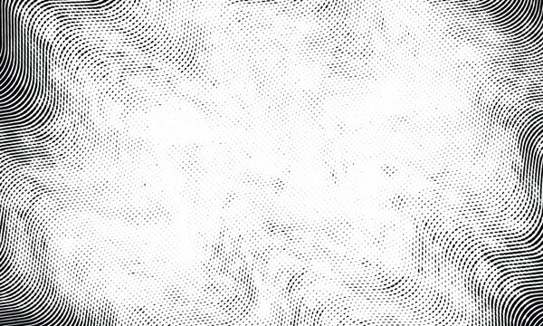Wavy vector halftone engraving texture background. Abstract subtle black and white ripple border vignette framing design.