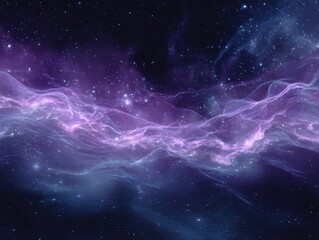 Abstract Space Cosmos Illustration Wavy Wireframe Pattern Digital Landscape Shiny Particle Elements Dynamic Flowing Light Trails Modern Technology Background Dark Night Sky Nebula Stars Visualization