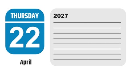 April 22, 2027: Animated 2025 planner showcasing April calendar, highlighting April 22nd with space for tasks, notes, and to-do lists.