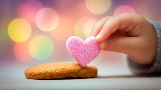 Child's hand placing pink heart-shaped sugar candy on cookie with colorful bokeh lights in the background