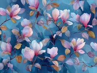 Watercolor Magnolia Flowers Blue Background Artwork Nature Inspired Botanical Pattern Dreamy Blossoms Artistic Flora Illustration