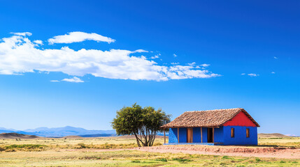 Vibrant blue house with red roof stands alone in vast landscape under clear blue sky, surrounded by rolling hills and distant mountains