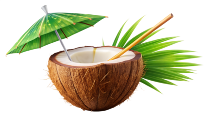 Refreshing coconut cocktail with umbrella and straw isolated on transparent background for summer vibes