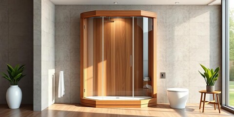 Sleek, modern wooden shower enclosure with glass doors,   bathroom inspiration,   wooden walls