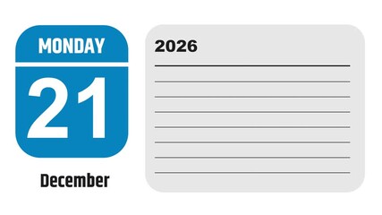 December 21, 2026: Animated 2030 planner showcasing December calendar, highlighting December 21st with space for tasks, notes, and to-do lists.