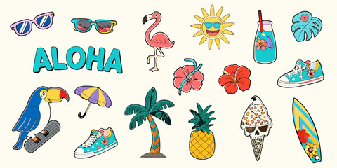 Fun and whimsical aloha summer vacation collection with tropical elements and beach vibes