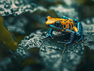 Blue and orange poison dart frog sitting on wet jungle leaf, colorful tropical amphibian