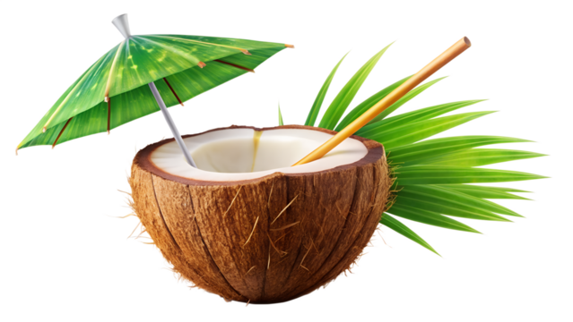 Refreshing coconut cocktail with umbrella and straw isolated on transparent background for summer vibes