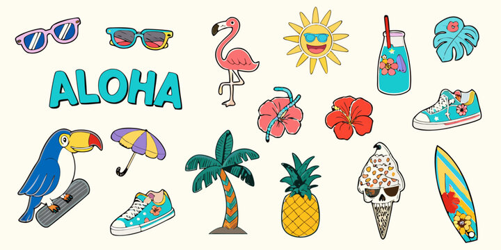 Fun and whimsical aloha summer vacation collection with tropical elements and beach vibes