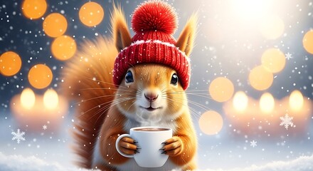 Adorable Squirrel in Red Hat Holding a Cup of Hot Chocolate in Snowy Bokeh animal cute