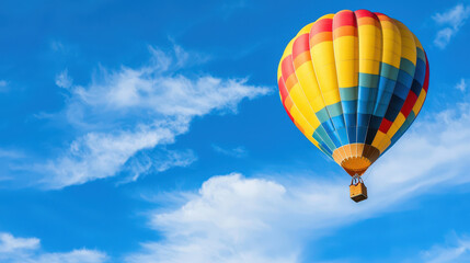 Obraz premium Vibrant hot air balloon floats gracefully in clear blue sky, surrounded by fluffy white clouds, evoking sense of adventure and freedom