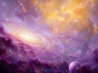 Vibrant Cosmic Spiral Galaxy and Colorful Nebula Clouds with Distant Planets Illuminated Starfield Deep Space Exploration Universal Wonder Astronomical Phenomenon