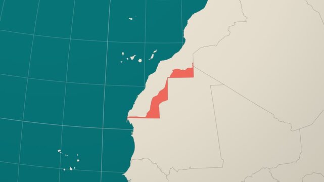 Western Sahara map. Animated zoom into the country on the Globe in Teal Pale Mint color palette. Country logo animation. Map with meridians, parallels. Appealing video.