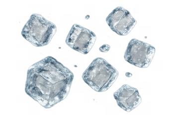 Ice cubes floating, chilling clear frozen water, refreshing beverage ingredient on transparent background