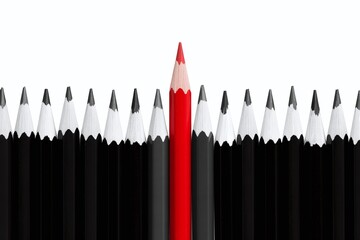 Leadership Concept: Single Red Pencil Standing Out from a Line of Many Identical Black Pencils, Symbolizing Uniqueness, Difference, and Breaking the Status Quo