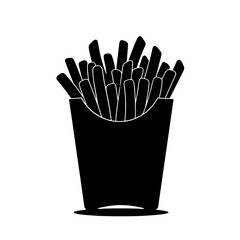 French fries in a black container on white background  