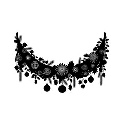 Ornamental black floral garland with hanging decorations and leaves  