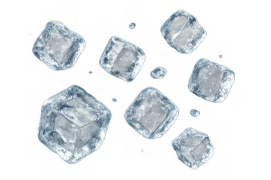 Ice cubes floating, chilling clear frozen water, refreshing beverage ingredient on transparent background