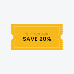 A yellow Discount gift coupon with a jagged edge offering a save of twenty percent on a white background