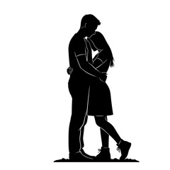 Silhouette of couple embracing in love against a white background  