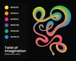 Vibrant abstract swirling ribbon design with color palette and text