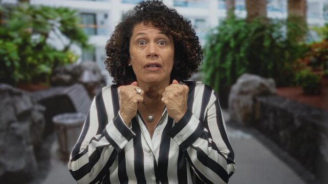 Middle aged hispanic woman clenches fists outside building wearing striped shirt; anxiety resilience determination strength.