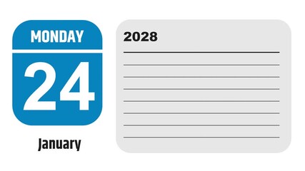 January 24, 2028: Animated 2026 planner showcasing January calendar, highlighting January 24th with space for tasks, notes, and to-do lists.