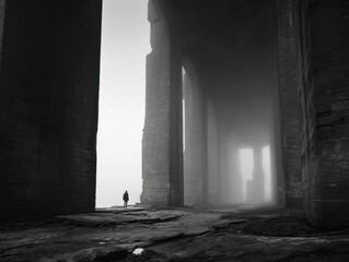 Monochrome Interior Solitary Figure Standing Within Enormous Pillars Foggy Distant Archways Imposing Architectural Space