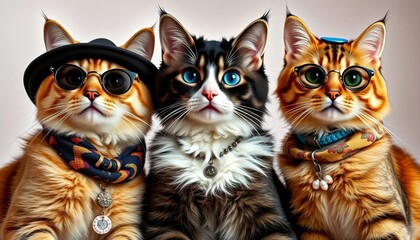 Three stylish cats posing together, showcasing trendy accessories,  cat photography,  kittens