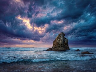 Spectacular Ocean Seascape Sunset Rocky Island Waves Cloudy Sky Colorful Hues Serene Coastal Landscape