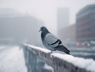 Urban Pigeon on Snowy Railing Cityscape Background Winter Day Animal in Cold Weather