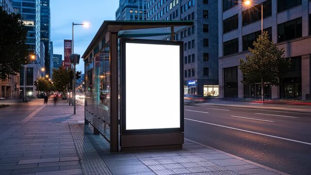 Cityscape Bus Stop Advertising Mockup at Dusk