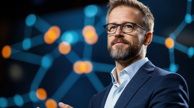 Professional man suit, wearing glasses, presenting with thoughtful expression against backdrop of abstract connections, symbolizing innovation