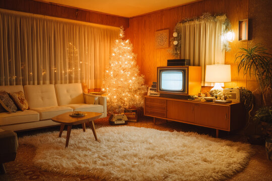 Midcentury style living room with vintage television, white Christmas tree, and warm lighting