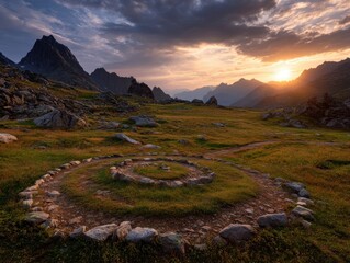 Dramatic Alpine Stone Spiral Trail at Sunset Mountain Landscape Photography Vibrant Colors