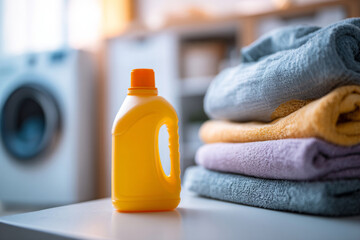 Detergent bottle standing next to stacked folded towels with a washing machine