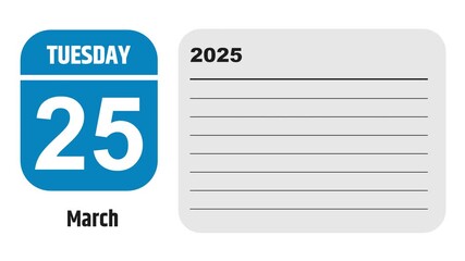 March 25, 2025: Animated 2030 planner showcasing March calendar, highlighting March 25th with space for tasks, notes, and to-do lists.
